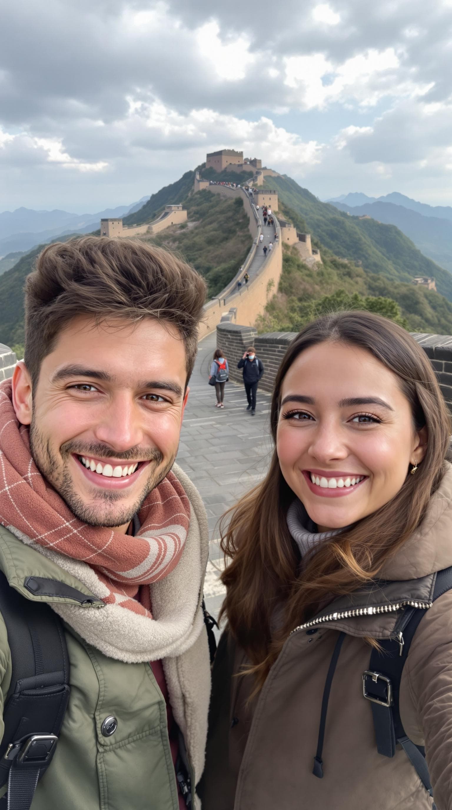 A point-of-view image as if taken from from a smartphone, a cute couple in their mid 20s,  talking directly to the camera, outside shot. they have a warm and expressive face smiling,  as if recording a vlog or leaving a heartfelt message. the background great wall of China.