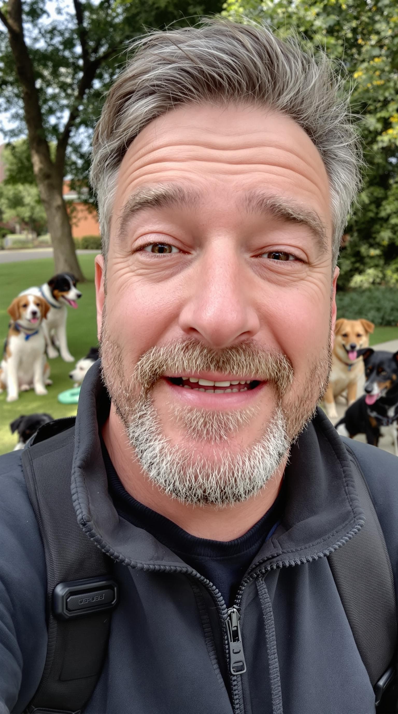 A point-of-view image as if taken from a smartphone, showing a man in his mid-40s talking directly to the camera in a selfie-style with a selfie stick, outside shot. he has a warm and expressive face with a slight head tilt, as if recording a vlog or leaving a heartfelt message. The background a park with dogs behind.