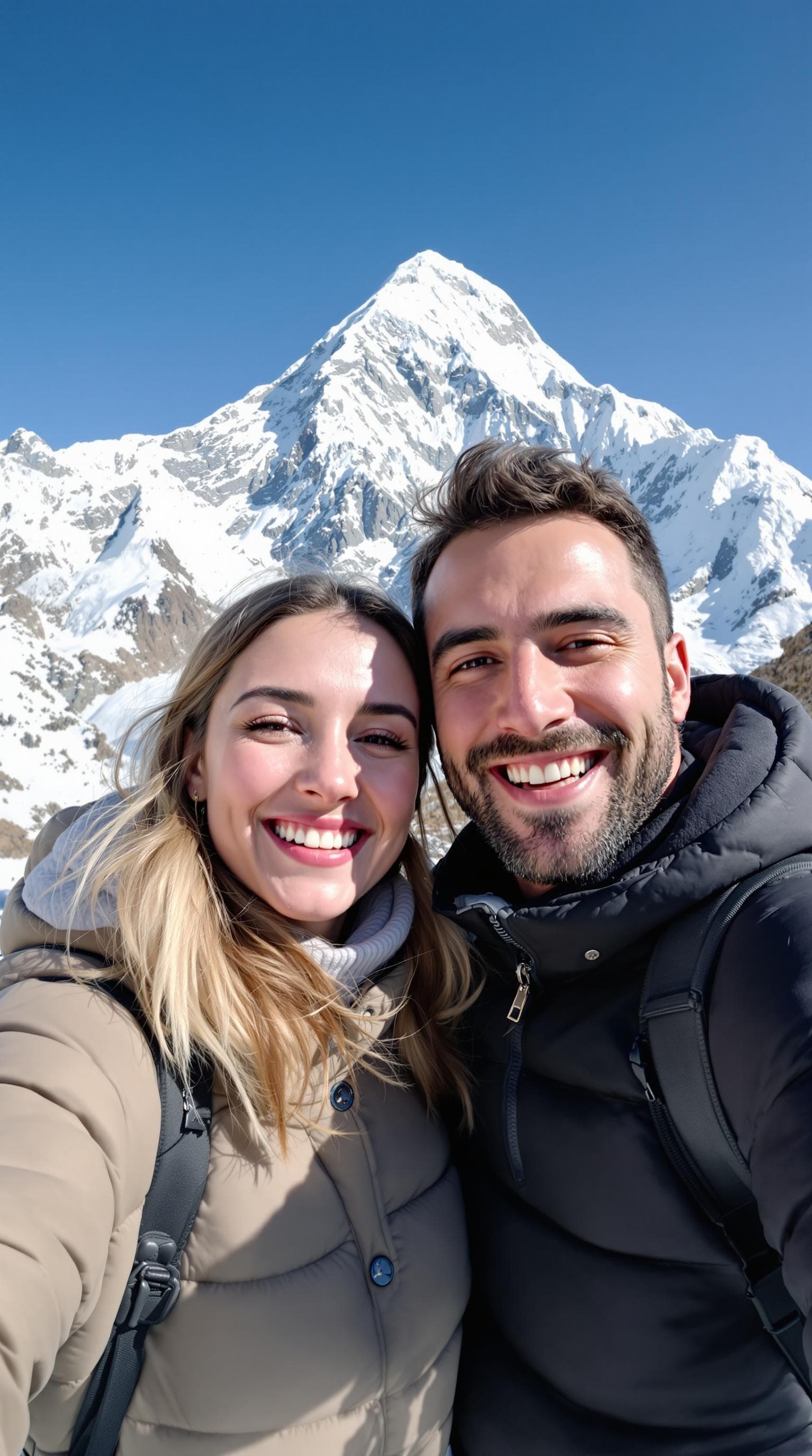 A point-of-view image as if taken from from a smartphone, a cute couple in their mid 20s,  talking directly to the camera, outside shot. they have a warm and expressive face smiling,  as if recording a vlog or leaving a heartfelt message. the background mount Everest peak.