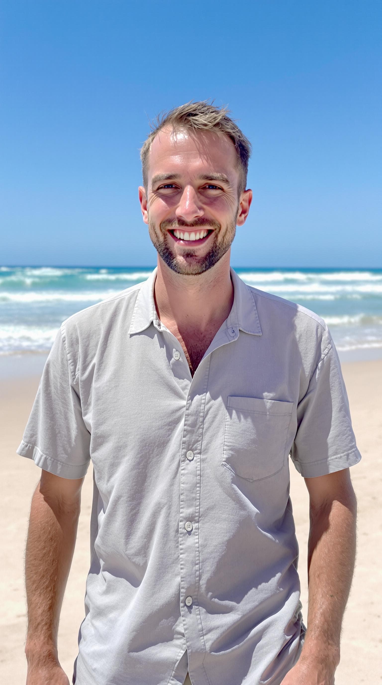 A man standing on a sunny beach. He has a friendly smile, wearing casual beach attire such as a short-sleeved shirt and shorts. The background features sandy shores, clear blue skies, and gentle ocean waves, creating a warm and inviting atmosphere.