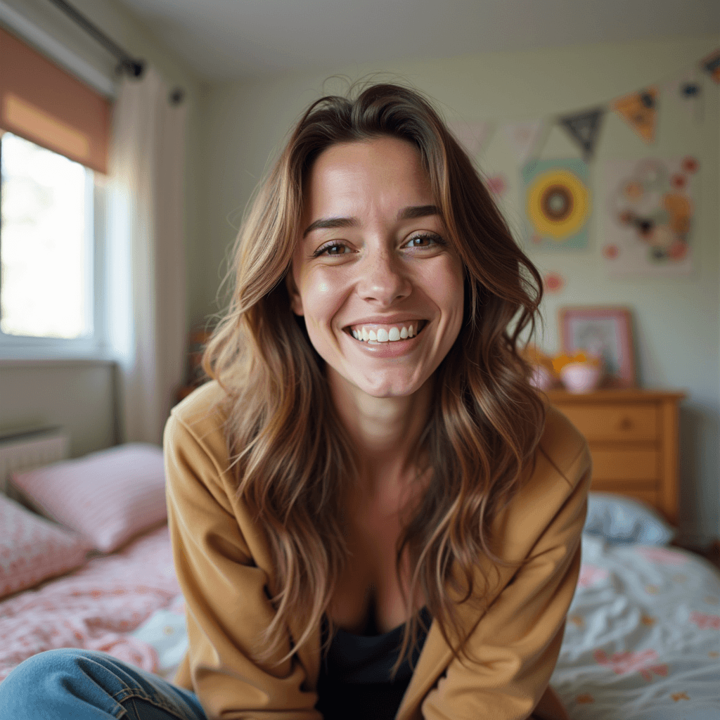 A point-of-view image as if taken from a smartphone, showing a woman in her mid-30s talking directly to the camera seatting on a bed. She has a warm and expressive face with a slight head tilt and a confident smile, as if recording a vlog or leaving a heartfelt message. The background a kids room