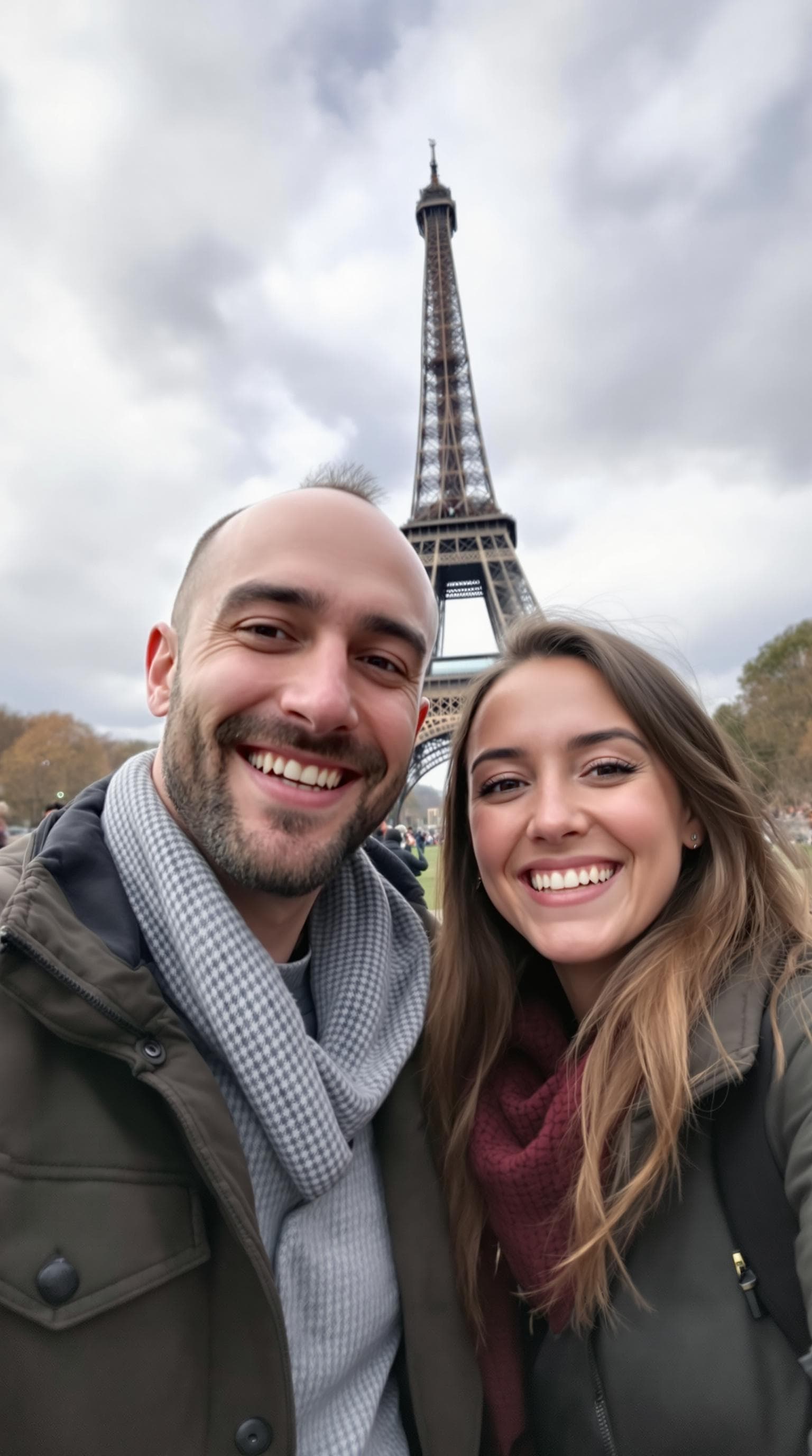 A point-of-view image as if taken from from a smartphone, a cute couple in their mid 20s,  talking directly to the camera, outside shot. they have a warm and expressive face smiling,  as if recording a vlog or leaving a heartfelt message. the background Paris