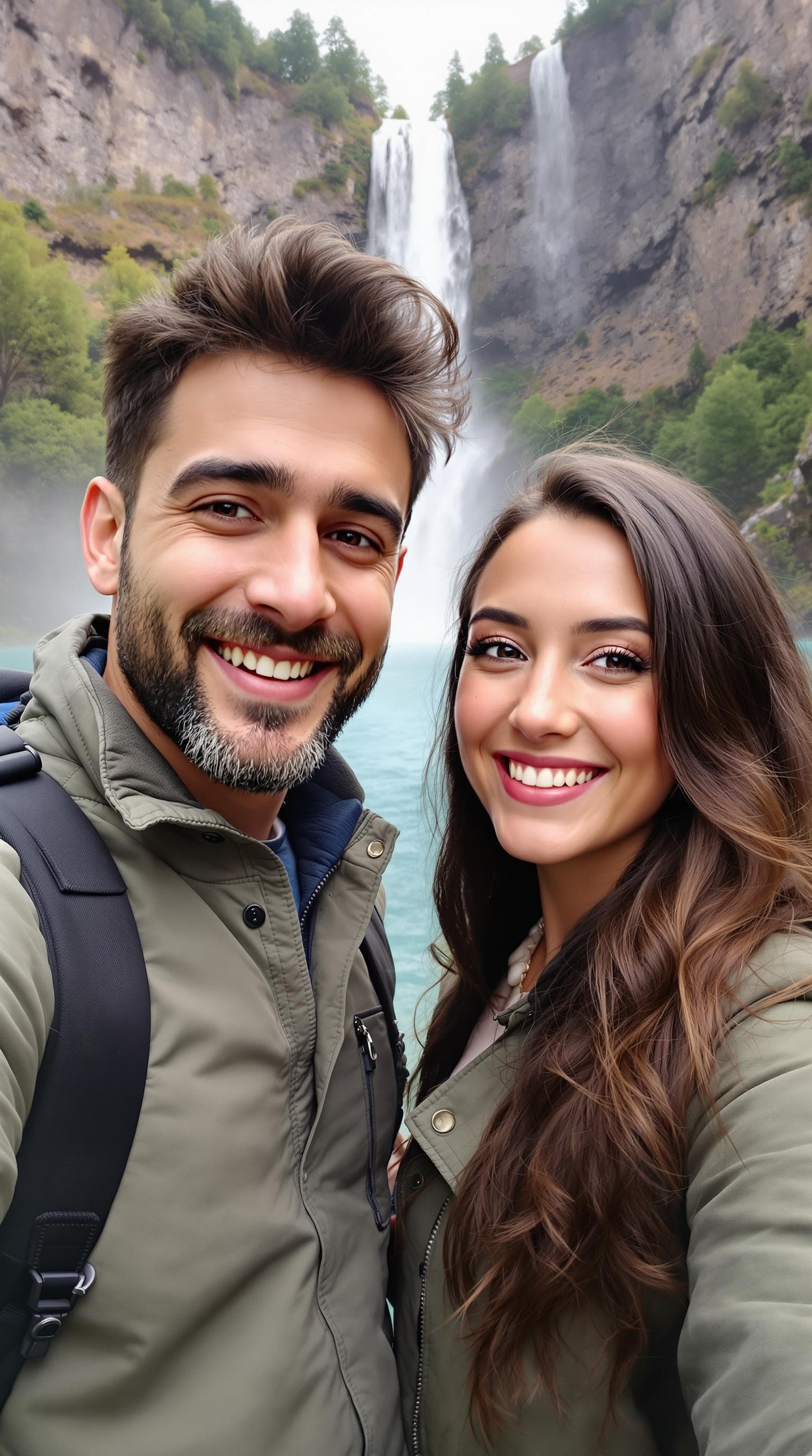 A point-of-view image as if taken from from a smartphone, a cute couple in their mid 20s,  talking directly to the camera, outside shot. they have a warm and expressive face smiling, as if recording a vlog or leaving a heartfelt message. the background a beautiful majestic waterfal.