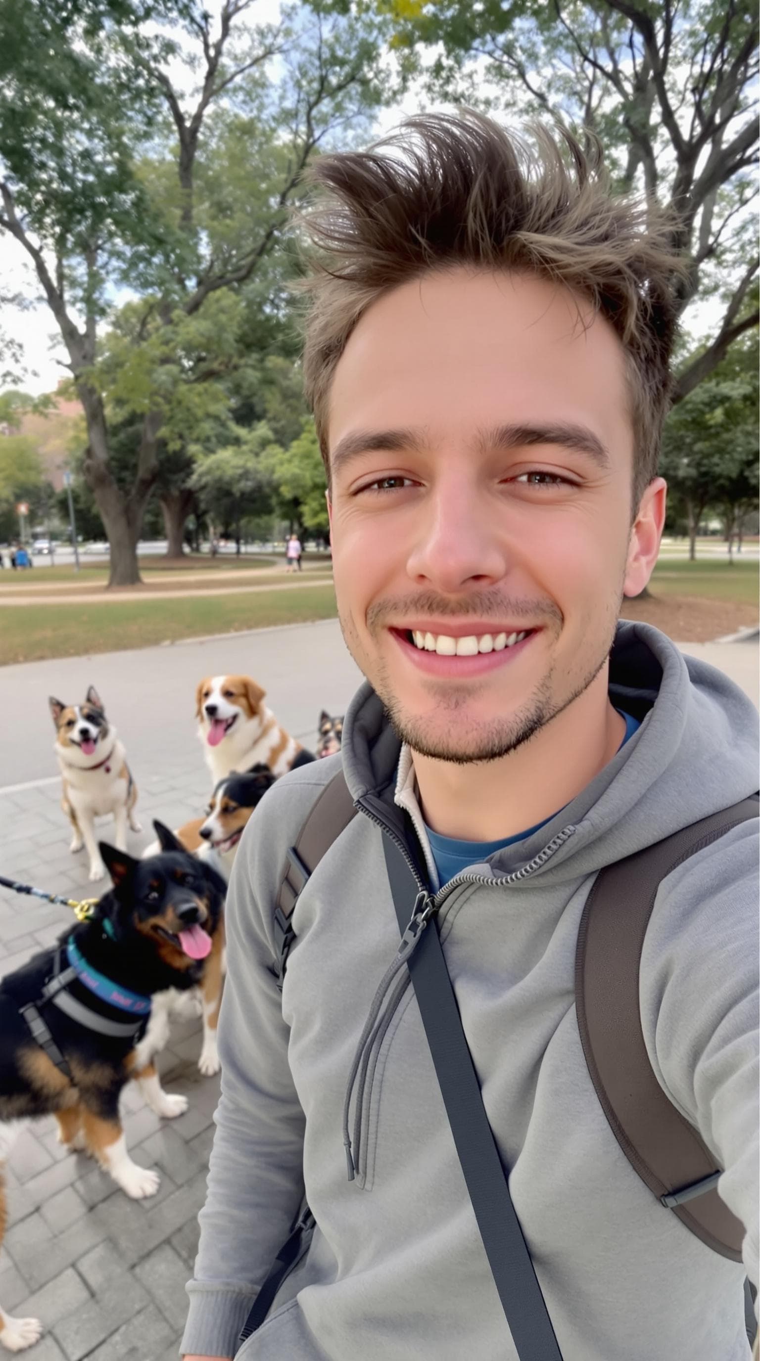 A point-of-view image as if taken from a smartphone, showing a man in his mid-30s talking directly to the camera in a selfie-style with a selfie stick, outside shot. he has a warm and expressive face with a slight head tilt and a slight smile, as if recording a vlog or leaving a heartfelt message. The background a park with dogs behind.