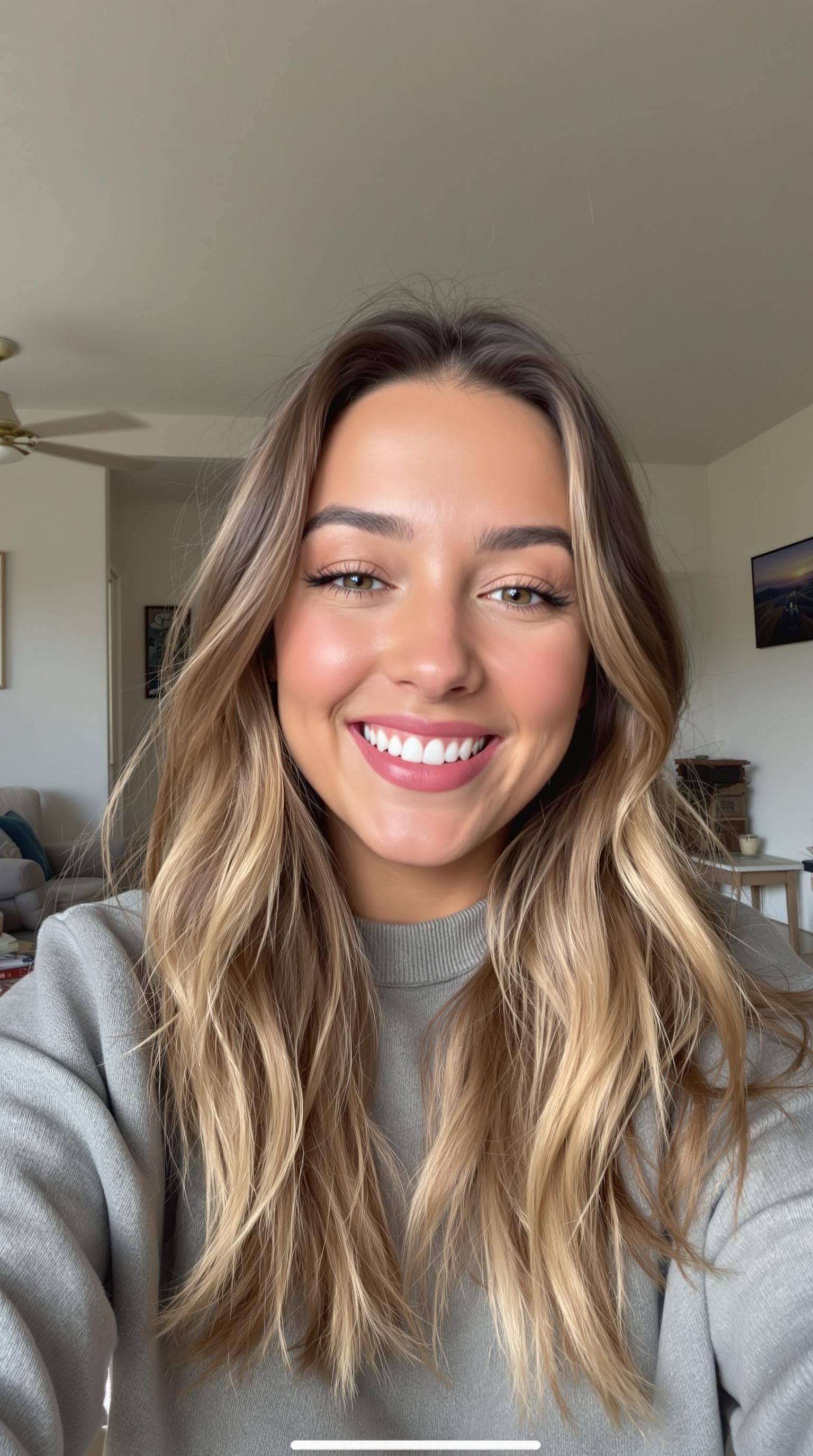 A point-of-view image as if taken from a smartphone, showing a woman in her mid-20s talking directly in a selfie style. She has a warm and expressive face with a slight head tilt and a confident smile, as if recording a vlog or leaving a heartfelt message. The background a living room