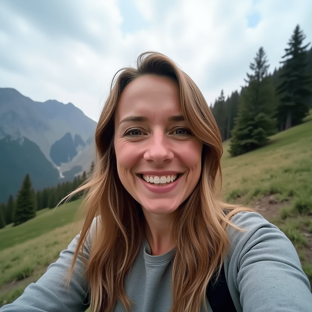 A point-of-view image as if taken from a smartphone, showing a woman in her mid-30s talking directly in a selfie style. She has a warm and expressive face with a slight head tilt and a confident smile, as if recording a vlog or leaving a heartfelt message. The background mountains